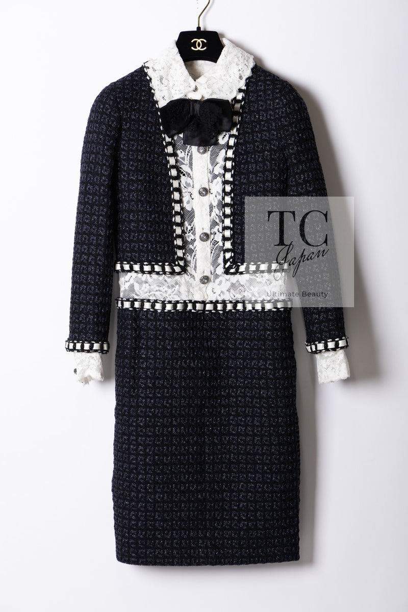 CHANEL 16PF Dark Navy Ivory Fantasy Tweed Lace Dress 34 36 シャネル ダーク ネイビー アイボリー ファンタジー ツイード レース ワンピース 即発