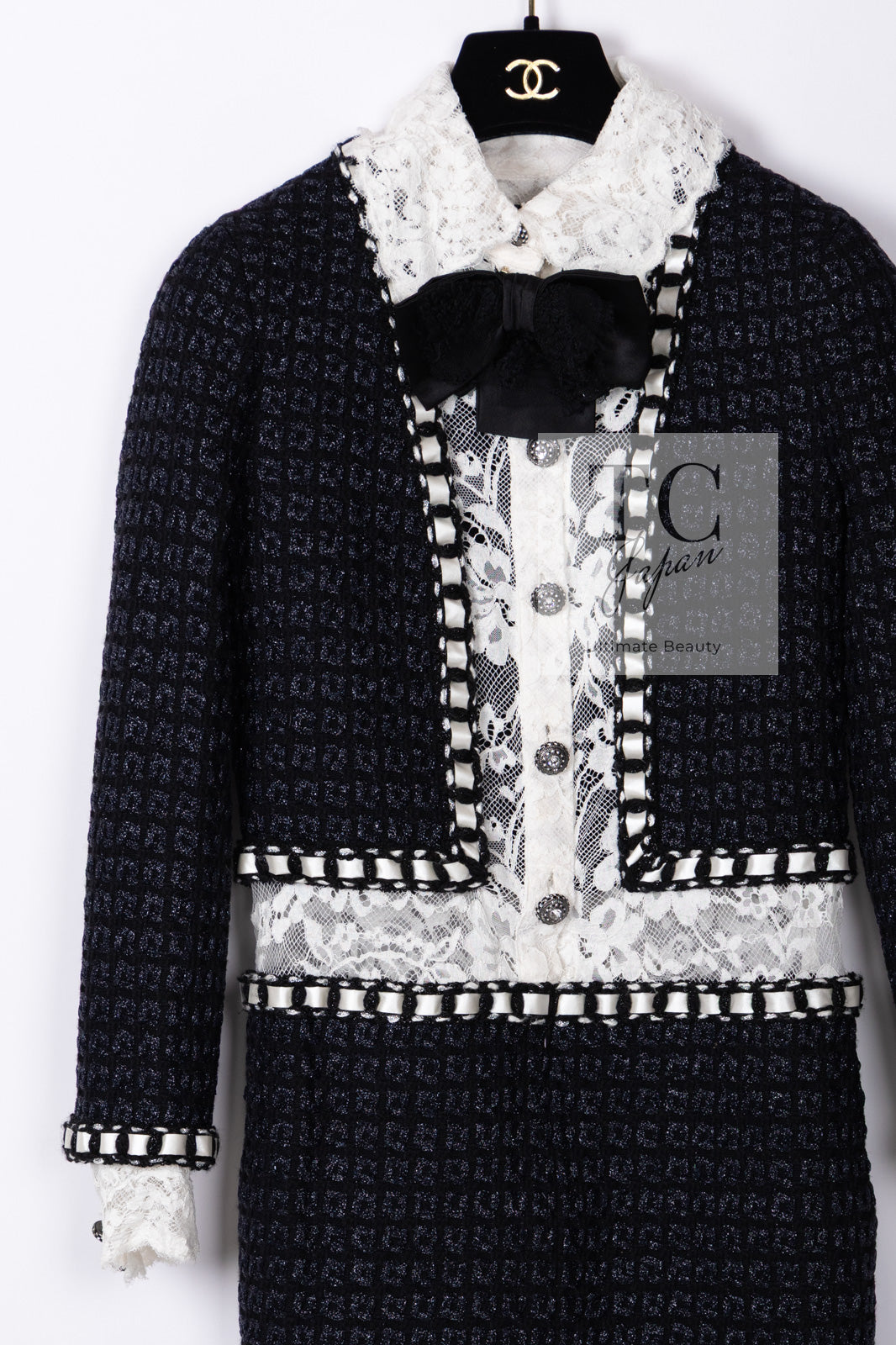 CHANEL 16PF Dark Navy Ivory Fantasy Tweed Lace Dress 34 36 シャネル ダーク ネイビー アイボリー ファンタジー ツイード レース ワンピース 即発