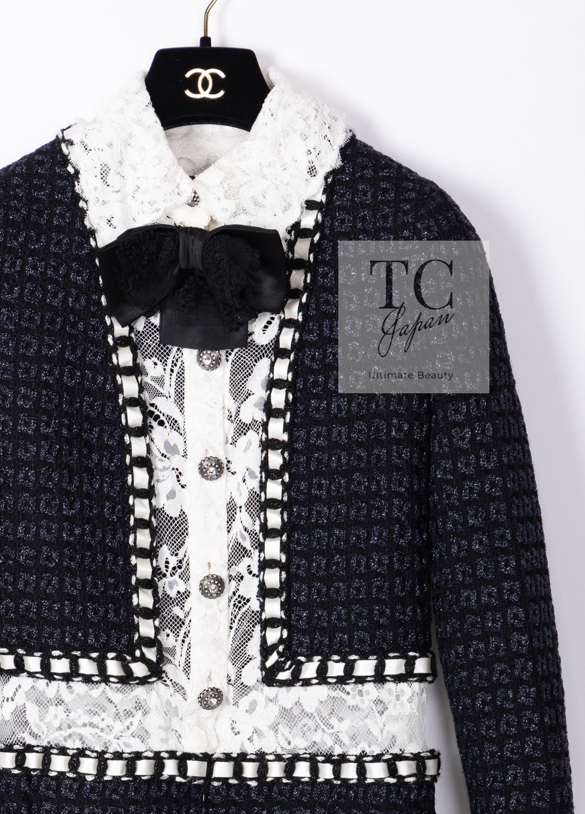 CHANEL 16PF Dark Navy Ivory Fantasy Tweed Lace Dress 34 36 シャネル ダーク ネイビー アイボリー ファンタジー ツイード レース ワンピース 即発