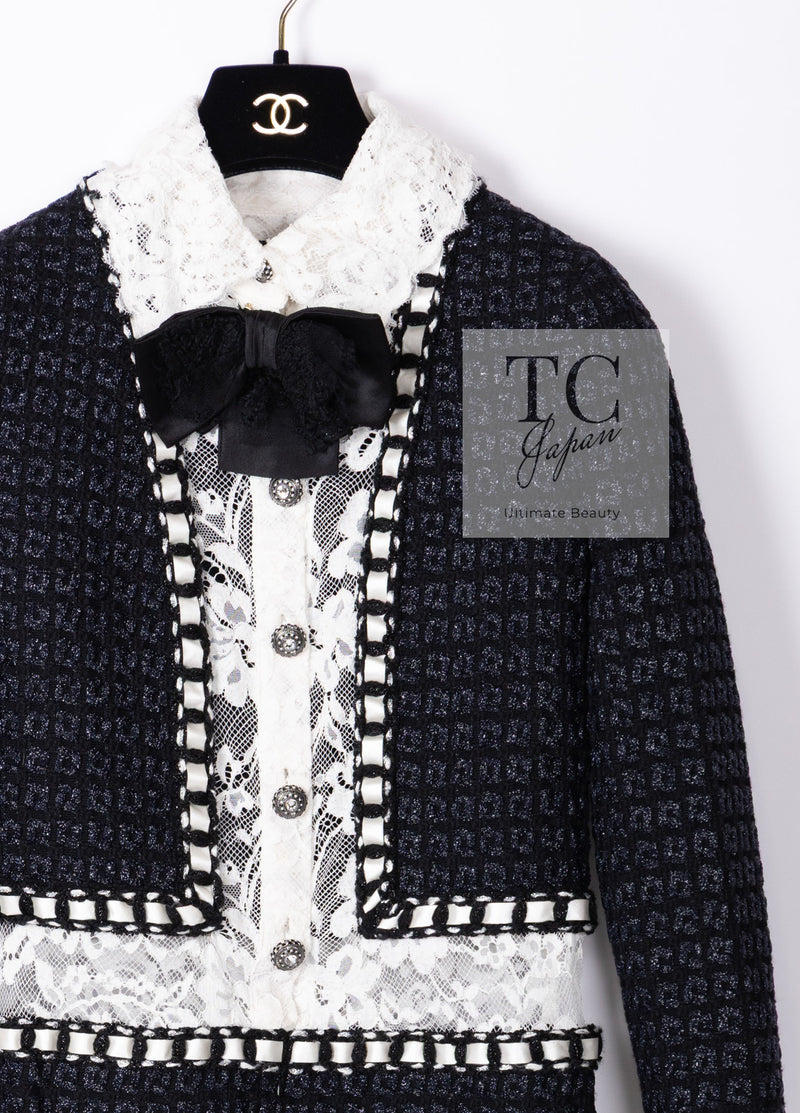 CHANEL 16PF Dark Navy Ivory Fantasy Tweed Lace Dress 34 36 シャネル ダーク ネイビー アイボリー ファンタジー ツイード レース ワンピース 即発