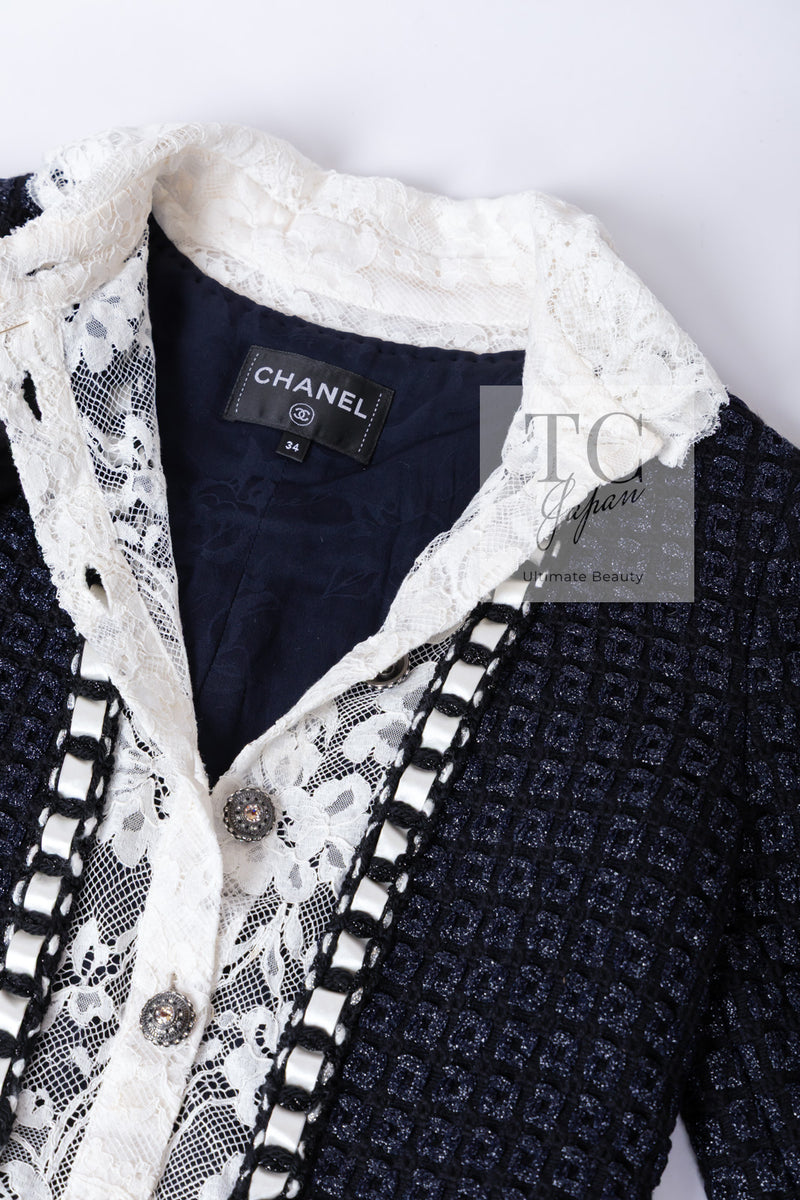 CHANEL 16PF Dark Navy Ivory Fantasy Tweed Lace Dress 34 36 シャネル ダーク ネイビー アイボリー ファンタジー ツイード レース ワンピース 即発