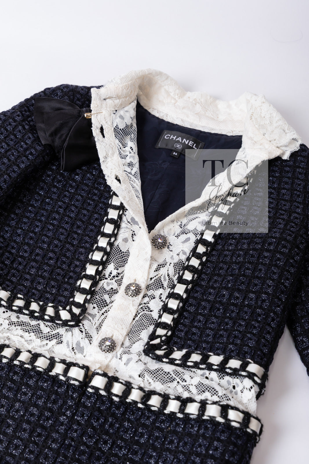 CHANEL 16PF Dark Navy Ivory Fantasy Tweed Lace Dress 34 36 シャネル ダーク ネイビー アイボリー ファンタジー ツイード レース ワンピース 即発