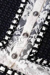 CHANEL 16PF Dark Navy Ivory Fantasy Tweed Lace Dress 34 36 シャネル ダーク ネイビー アイボリー ファンタジー ツイード レース ワンピース 即発