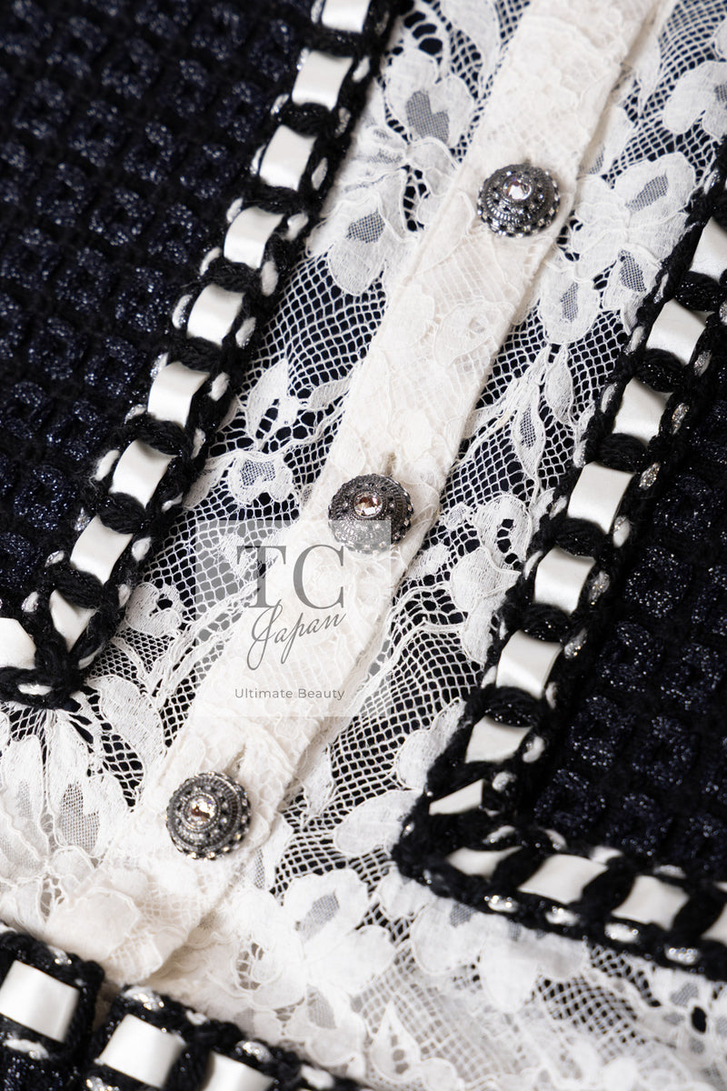 CHANEL 16PF Dark Navy Ivory Fantasy Tweed Lace Dress 34 36 シャネル ダーク ネイビー アイボリー ファンタジー ツイード レース ワンピース 即発