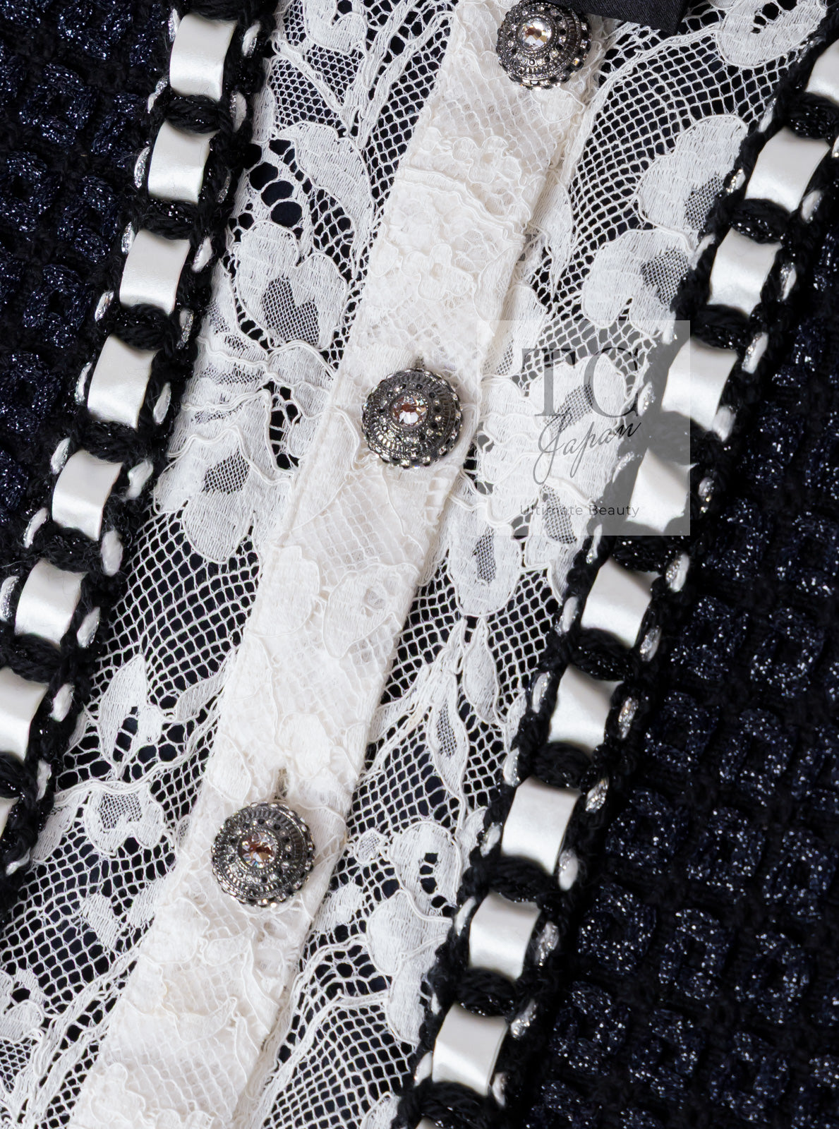 CHANEL 16PF Dark Navy Ivory Fantasy Tweed Lace Dress 34 36 シャネル ダーク ネイビー アイボリー ファンタジー ツイード レース ワンピース 即発