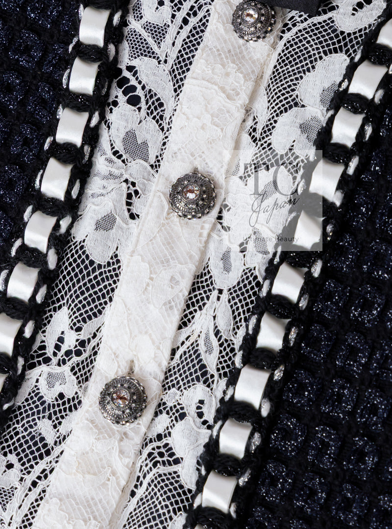 CHANEL 16PF Dark Navy Ivory Fantasy Tweed Lace Dress 34 36 シャネル ダーク ネイビー アイボリー ファンタジー ツイード レース ワンピース 即発