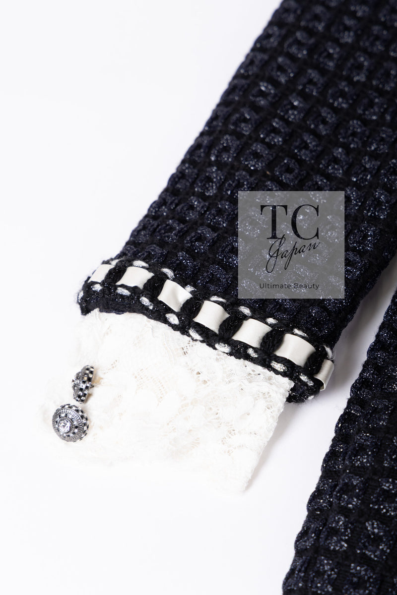 CHANEL 16PF Dark Navy Ivory Fantasy Tweed Lace Dress 34 36 シャネル ダーク ネイビー アイボリー ファンタジー ツイード レース ワンピース 即発