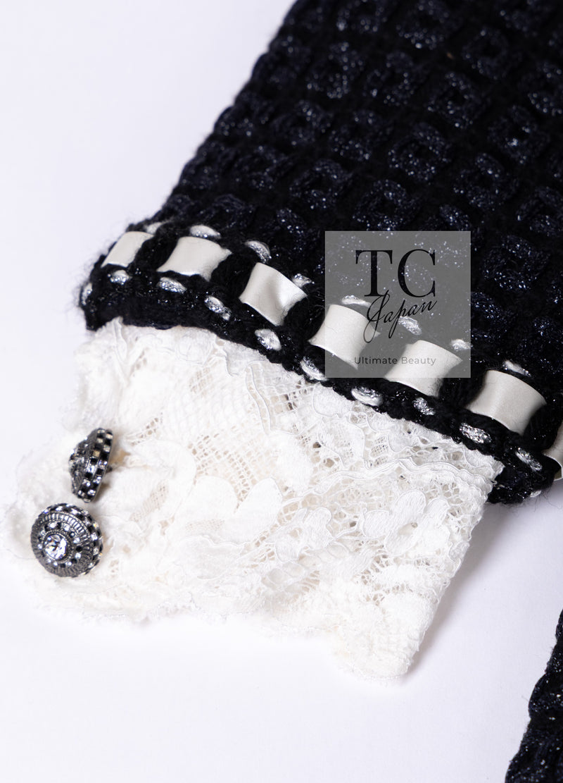 CHANEL 16PF Dark Navy Ivory Fantasy Tweed Lace Dress 34 36 シャネル ダーク ネイビー アイボリー ファンタジー ツイード レース ワンピース 即発