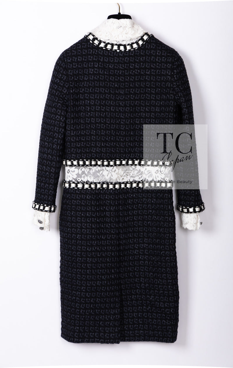 CHANEL 16PF Dark Navy Ivory Fantasy Tweed Lace Dress 34 36 シャネル ダーク ネイビー アイボリー ファンタジー ツイード レース ワンピース 即発