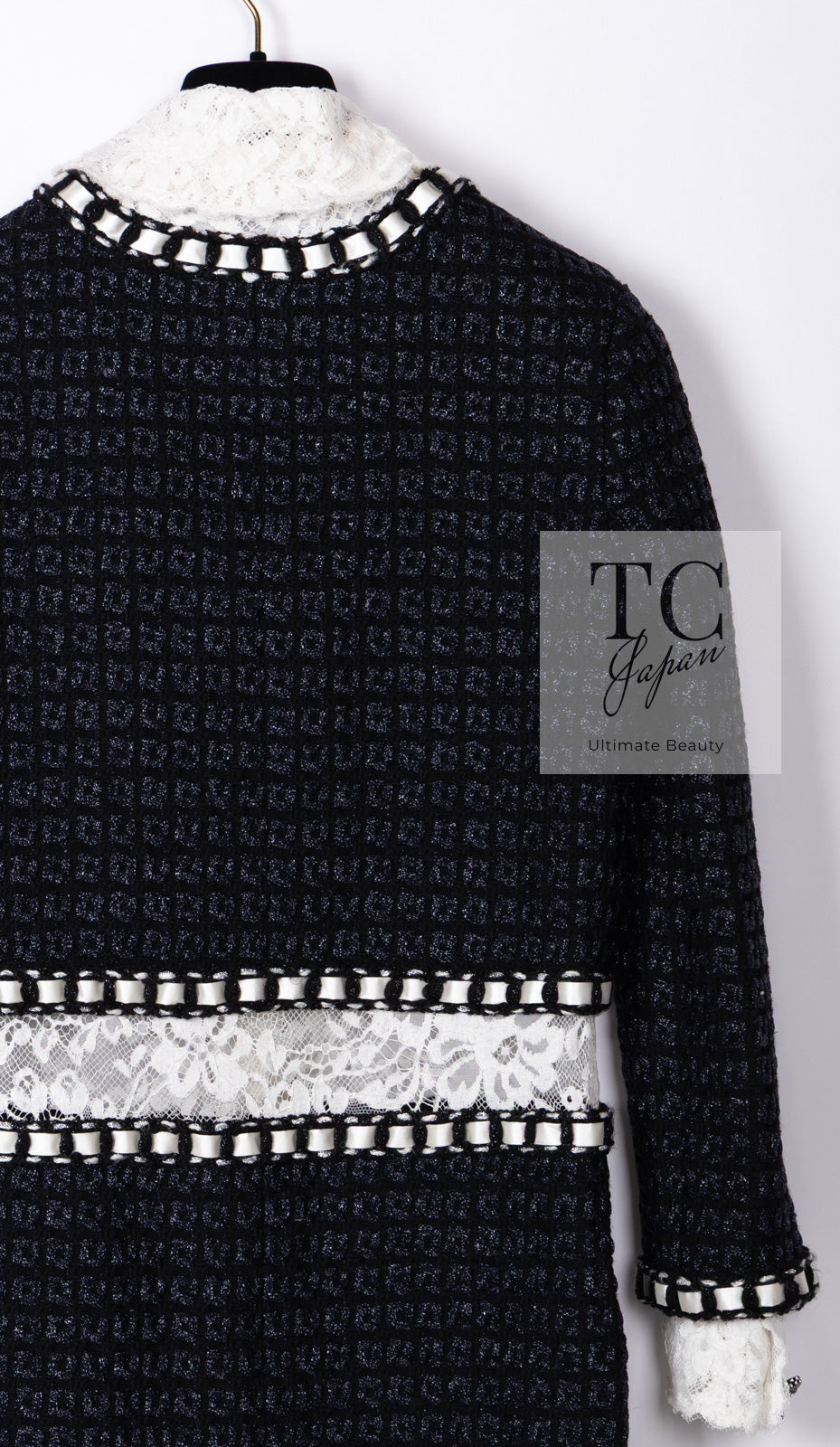 CHANEL 16PF Dark Navy Ivory Fantasy Tweed Lace Dress 34 36 シャネル ダーク ネイビー アイボリー ファンタジー ツイード レース ワンピース 即発