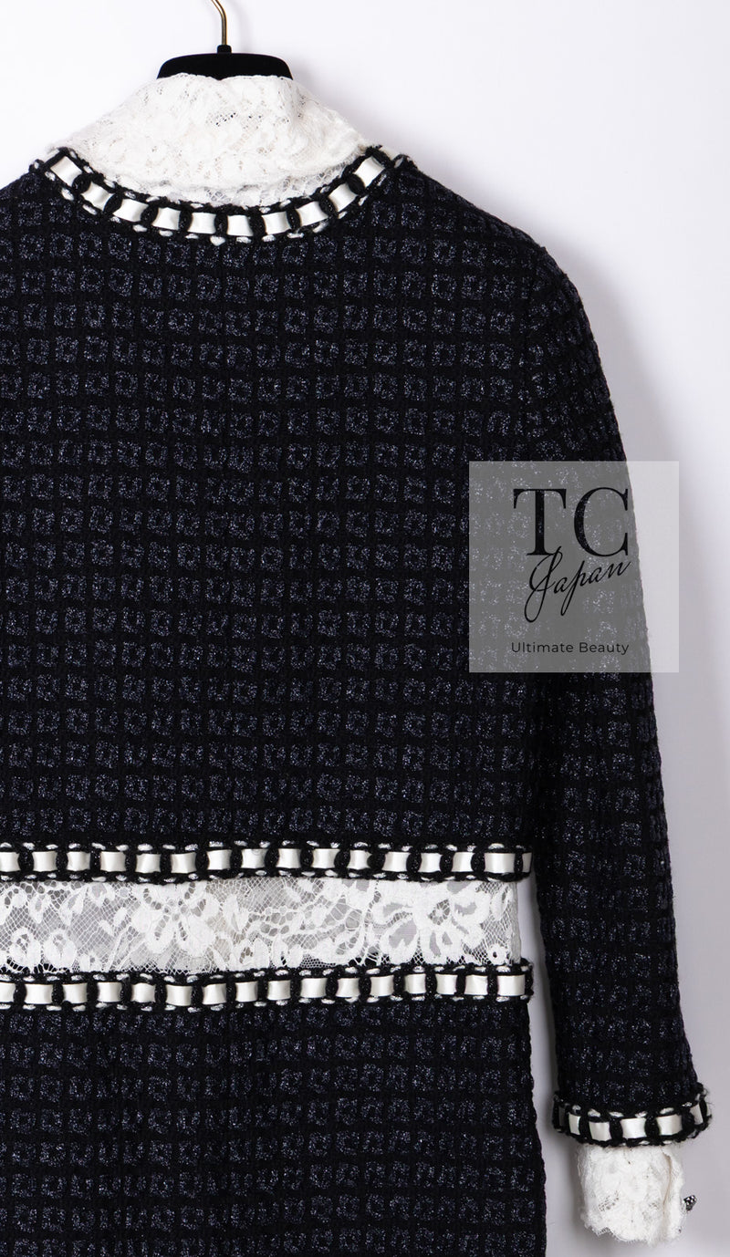 CHANEL 16PF Dark Navy Ivory Fantasy Tweed Lace Dress 34 36 シャネル ダーク ネイビー アイボリー ファンタジー ツイード レース ワンピース 即発
