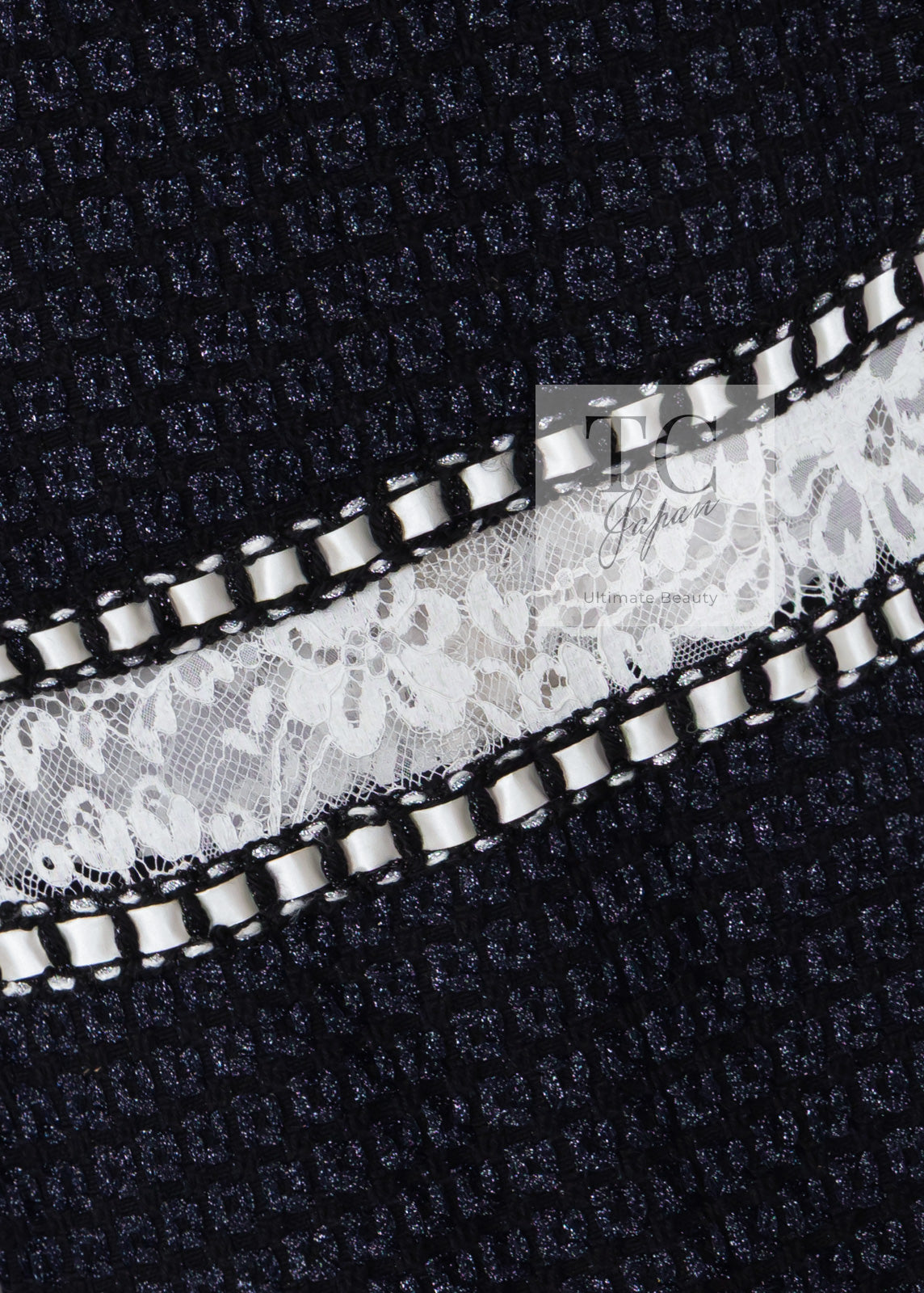 CHANEL 16PF Dark Navy Ivory Fantasy Tweed Lace Dress 34 36 シャネル ダーク ネイビー アイボリー ファンタジー ツイード レース ワンピース 即発