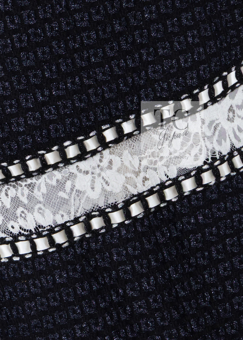 CHANEL 16PF Dark Navy Ivory Fantasy Tweed Lace Dress 34 36 シャネル ダーク ネイビー アイボリー ファンタジー ツイード レース ワンピース 即発