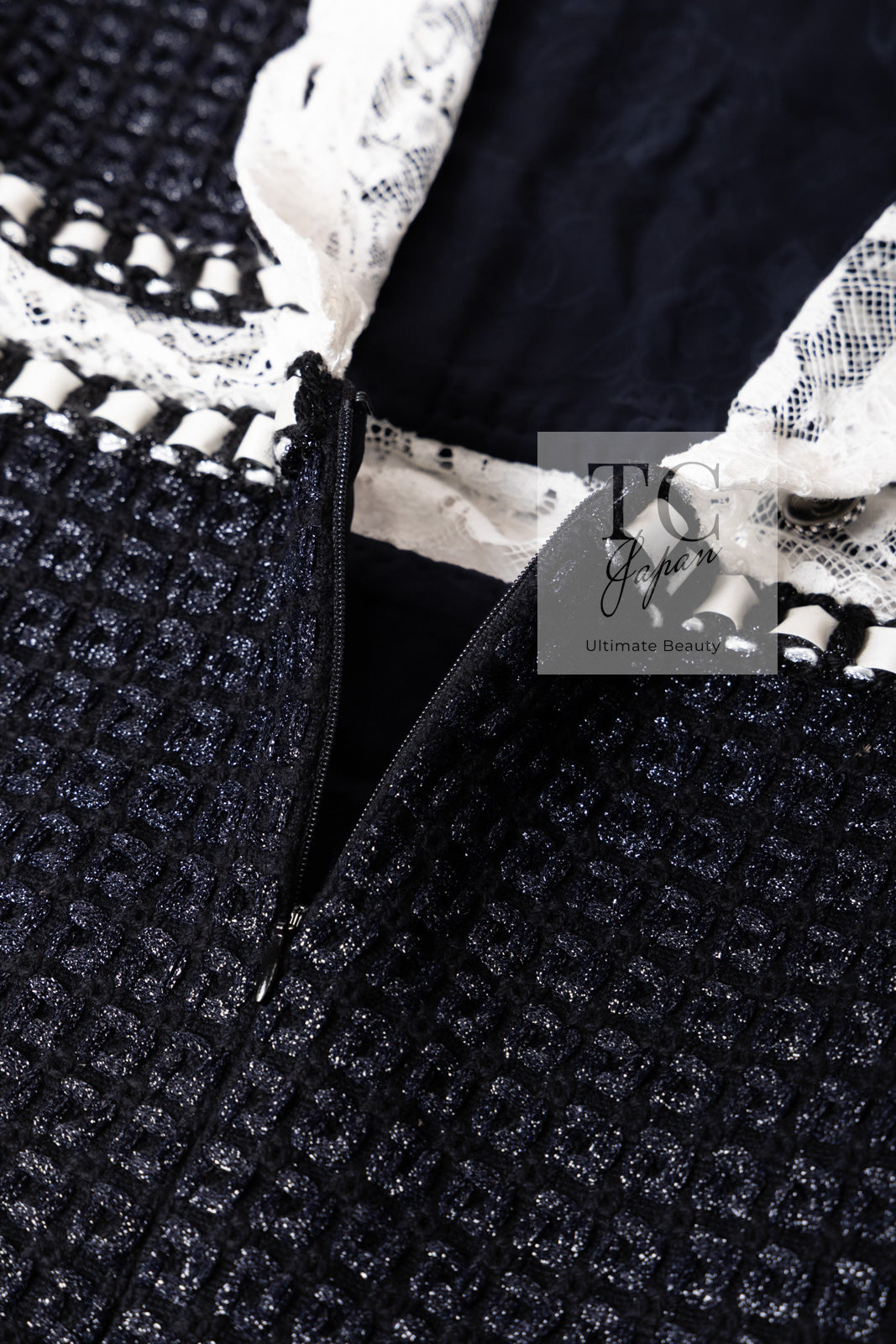 CHANEL 16PF Dark Navy Ivory Fantasy Tweed Lace Dress 34 36 シャネル ダーク ネイビー アイボリー ファンタジー ツイード レース ワンピース 即発
