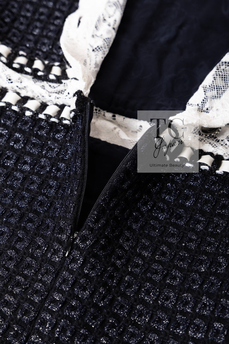 CHANEL 16PF Dark Navy Ivory Fantasy Tweed Lace Dress 34 36 シャネル ダーク ネイビー アイボリー ファンタジー ツイード レース ワンピース 即発