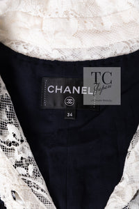CHANEL 16PF Dark Navy Ivory Fantasy Tweed Lace Dress 34 36 シャネル ダーク ネイビー アイボリー ファンタジー ツイード レース ワンピース 即発
