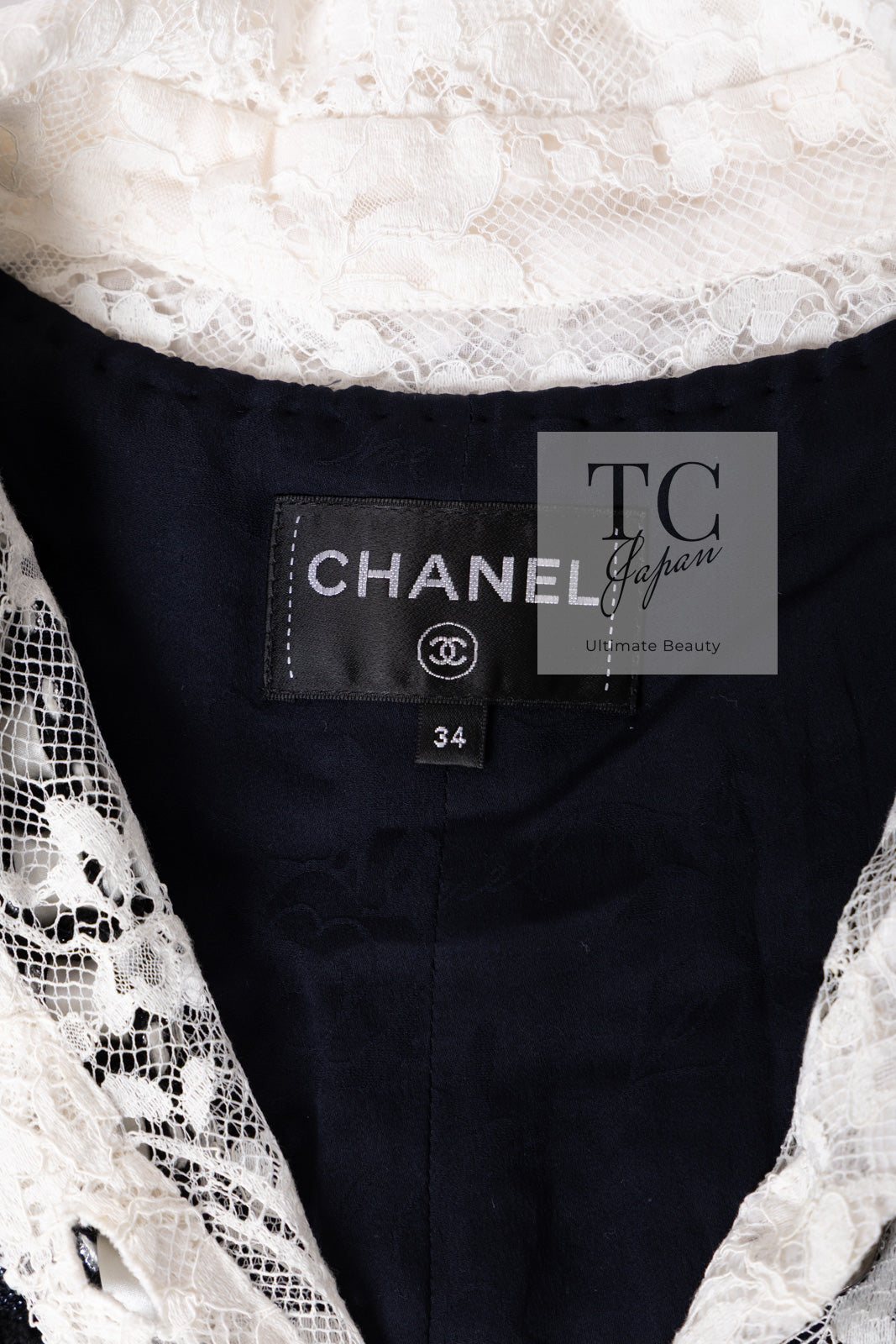 CHANEL 16PF Dark Navy Ivory Fantasy Tweed Lace Dress 34 36 シャネル ダーク ネイビー アイボリー ファンタジー ツイード レース ワンピース 即発