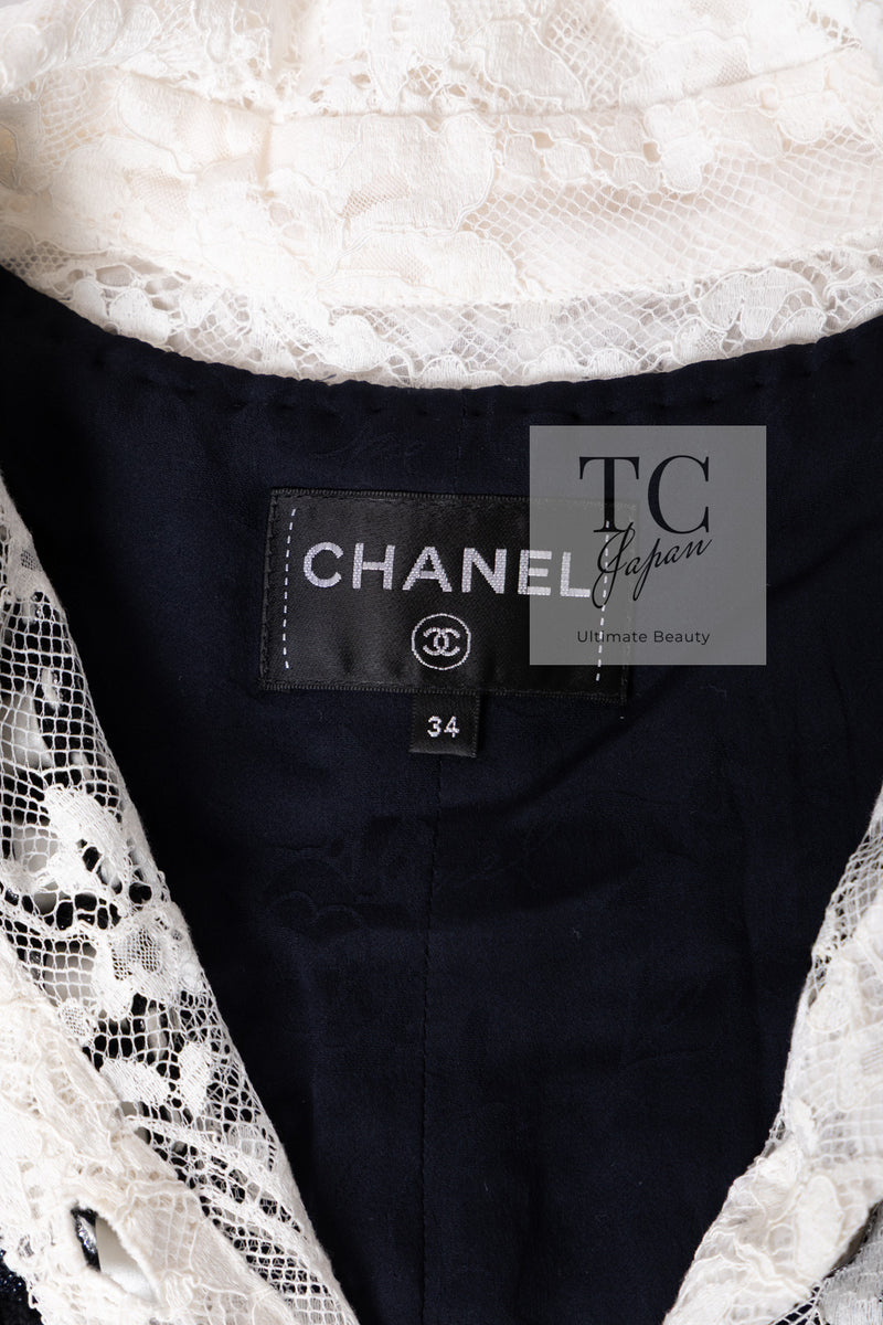 CHANEL 16PF Dark Navy Ivory Fantasy Tweed Lace Dress 34 36 シャネル ダーク ネイビー アイボリー ファンタジー ツイード レース ワンピース 即発