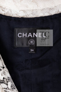 CHANEL 16PF Dark Navy Ivory Fantasy Tweed Lace Dress 34 36 シャネル ダーク ネイビー アイボリー ファンタジー ツイード レース ワンピース 即発