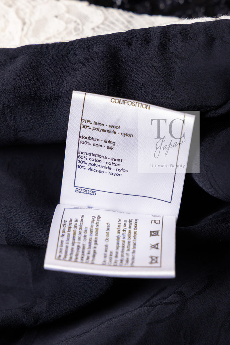 CHANEL 16PF Dark Navy Ivory Fantasy Tweed Lace Dress 34 36 シャネル ダーク ネイビー アイボリー ファンタジー ツイード レース ワンピース 即発