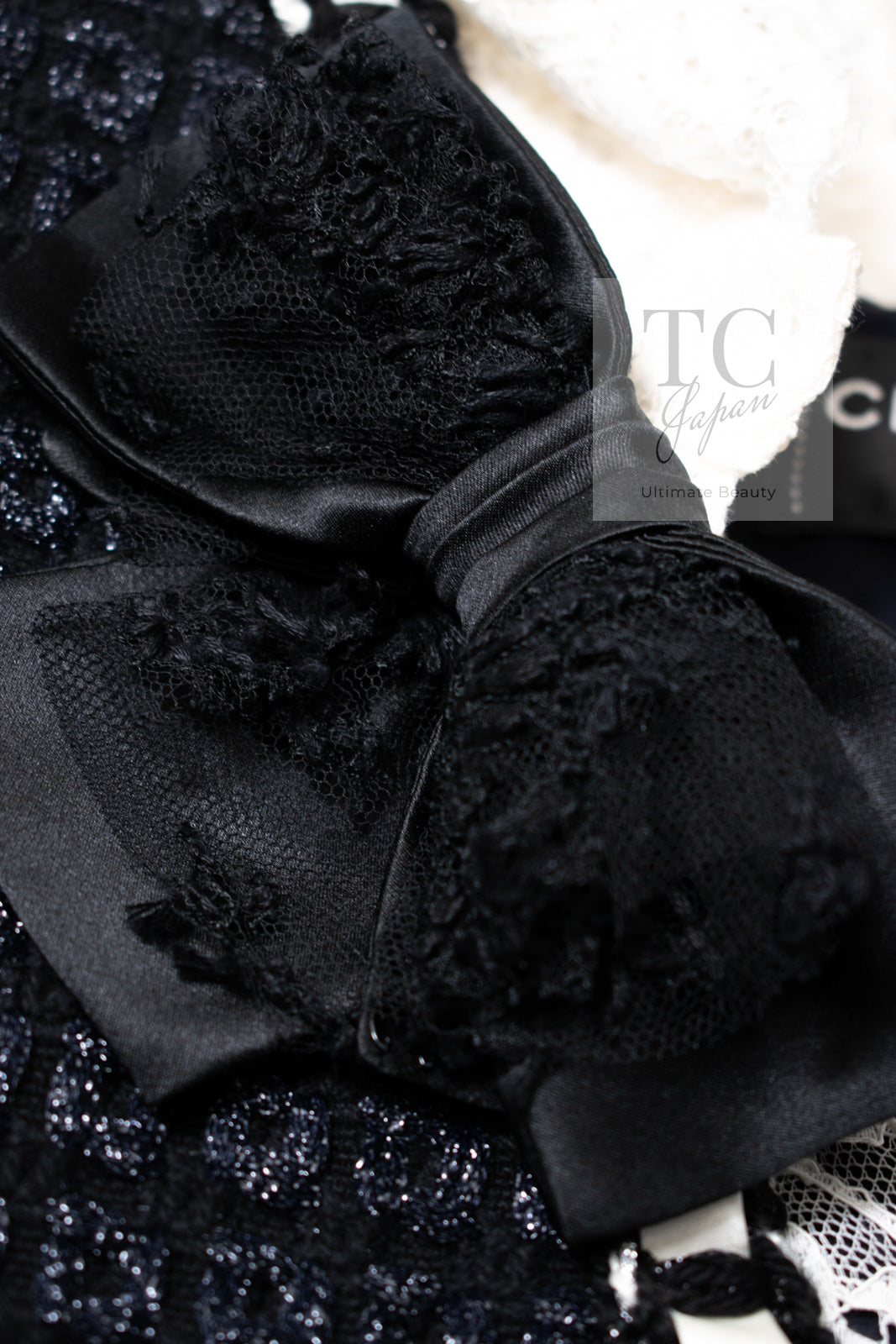 CHANEL 16PF Dark Navy Ivory Fantasy Tweed Lace Dress 34 36 シャネル ダーク ネイビー アイボリー ファンタジー ツイード レース ワンピース 即発
