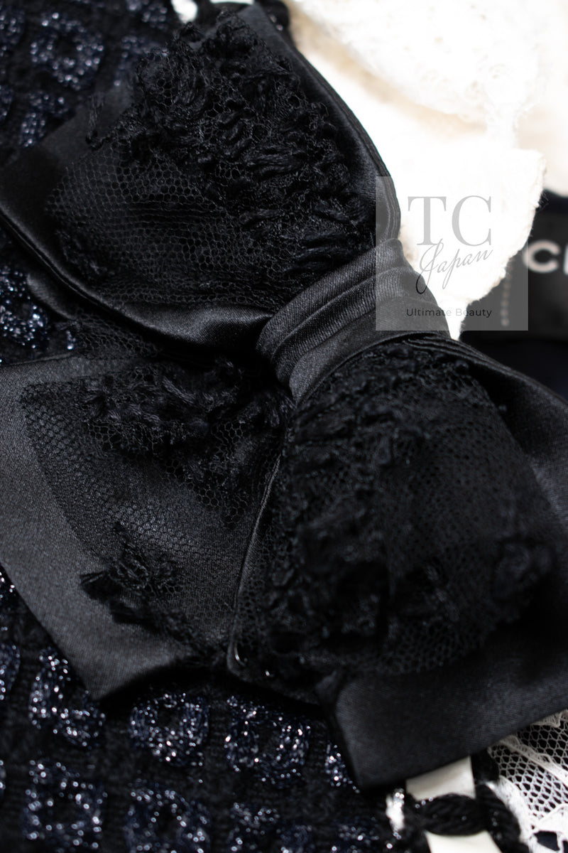 CHANEL 16PF Dark Navy Ivory Fantasy Tweed Lace Dress 34 36 シャネル ダーク ネイビー アイボリー ファンタジー ツイード レース ワンピース 即発