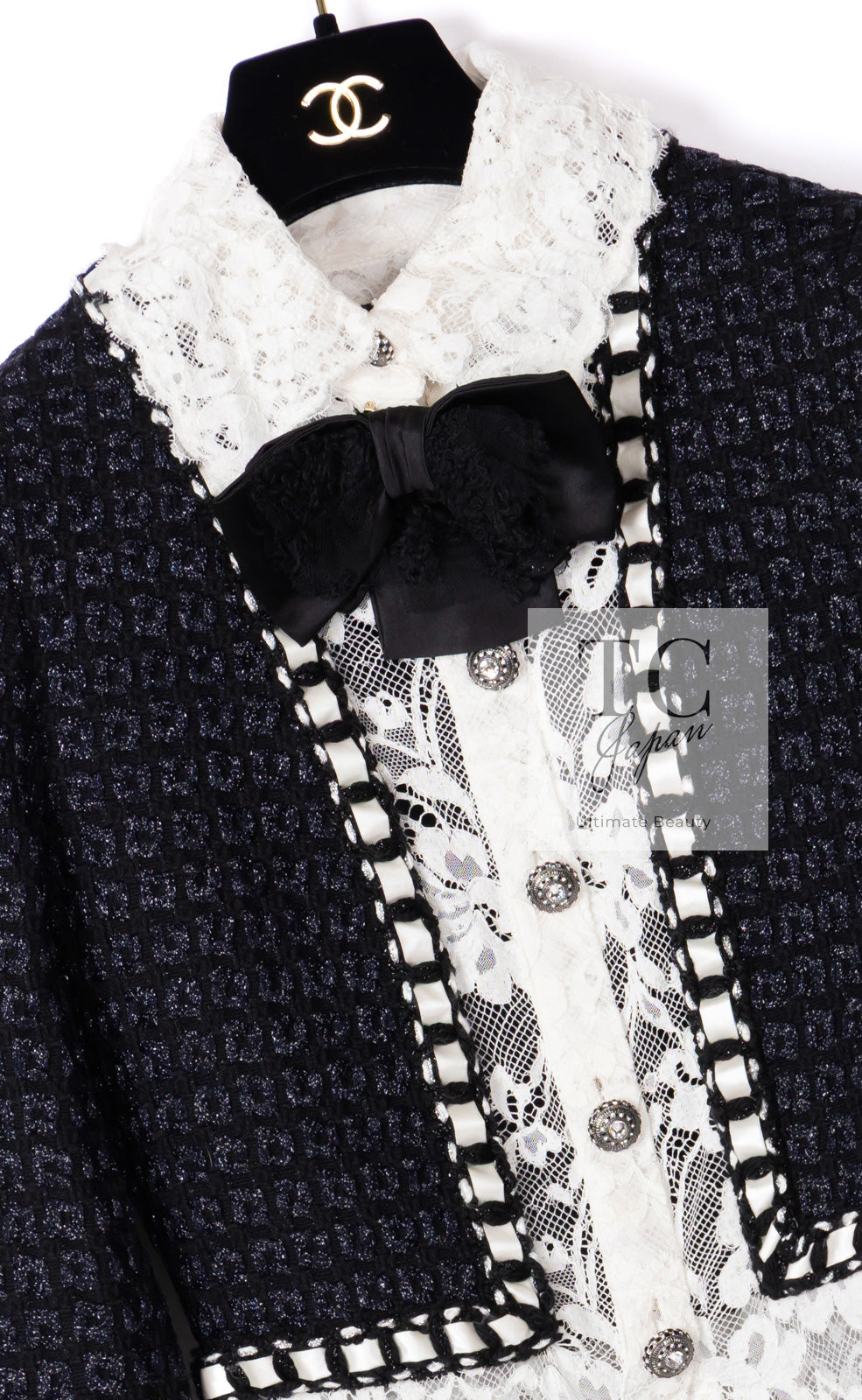 CHANEL 16PF Dark Navy Ivory Fantasy Tweed Lace Dress 34 36 シャネル ダーク ネイビー アイボリー ファンタジー ツイード レース ワンピース 即発