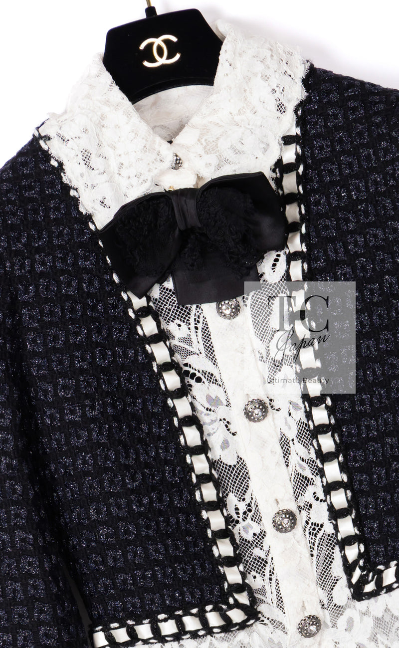 CHANEL 16PF Dark Navy Ivory Fantasy Tweed Lace Dress 34 36 シャネル ダーク ネイビー アイボリー ファンタジー ツイード レース ワンピース 即発