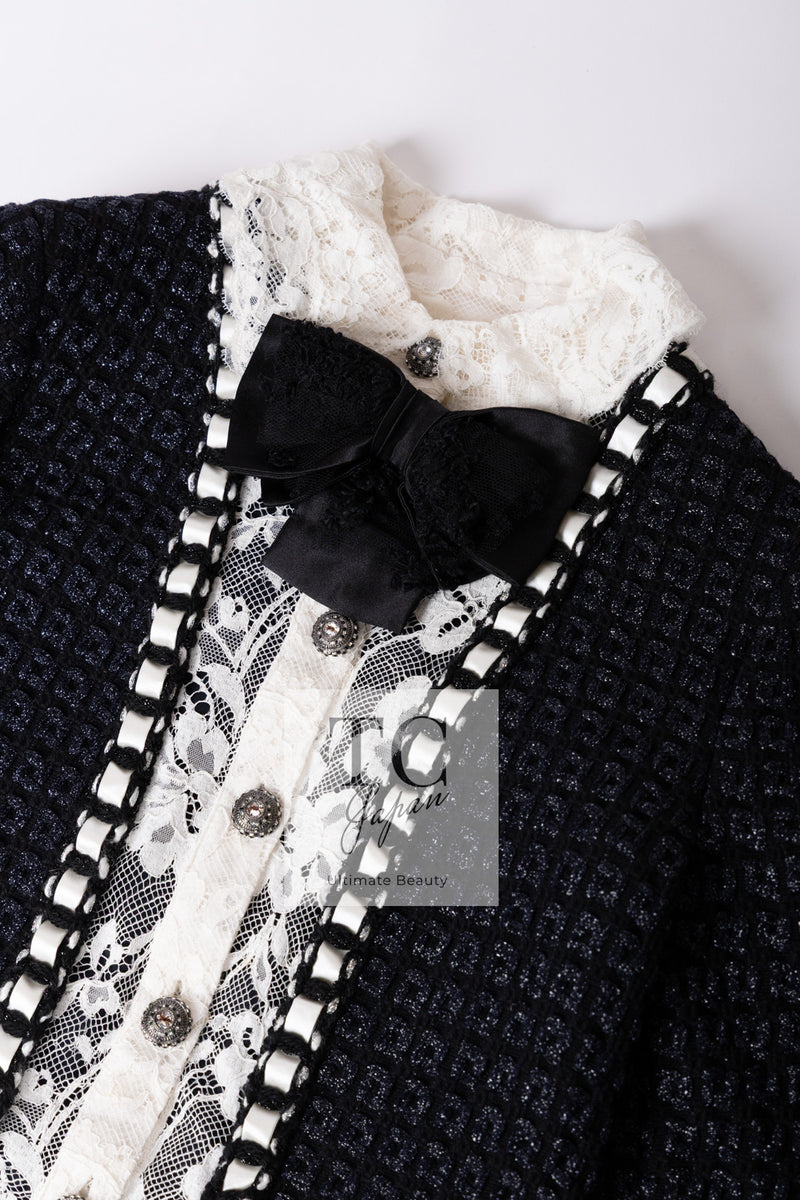 CHANEL 16PF Dark Navy Ivory Fantasy Tweed Lace Dress 34 36 シャネル ダーク ネイビー アイボリー ファンタジー ツイード レース ワンピース 即発