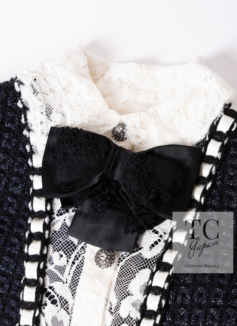 CHANEL 16PF Dark Navy Ivory Fantasy Tweed Lace Dress 34 36 シャネル ダーク ネイビー アイボリー ファンタジー ツイード レース ワンピース 即発