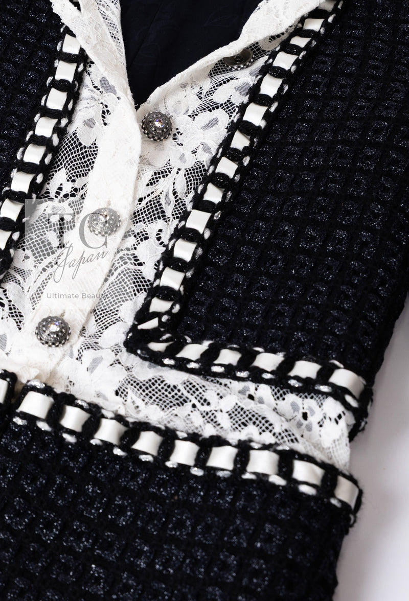 CHANEL 16PF Dark Navy Ivory Fantasy Tweed Lace Dress 34 36 シャネル ダーク ネイビー アイボリー ファンタジー ツイード レース ワンピース 即発