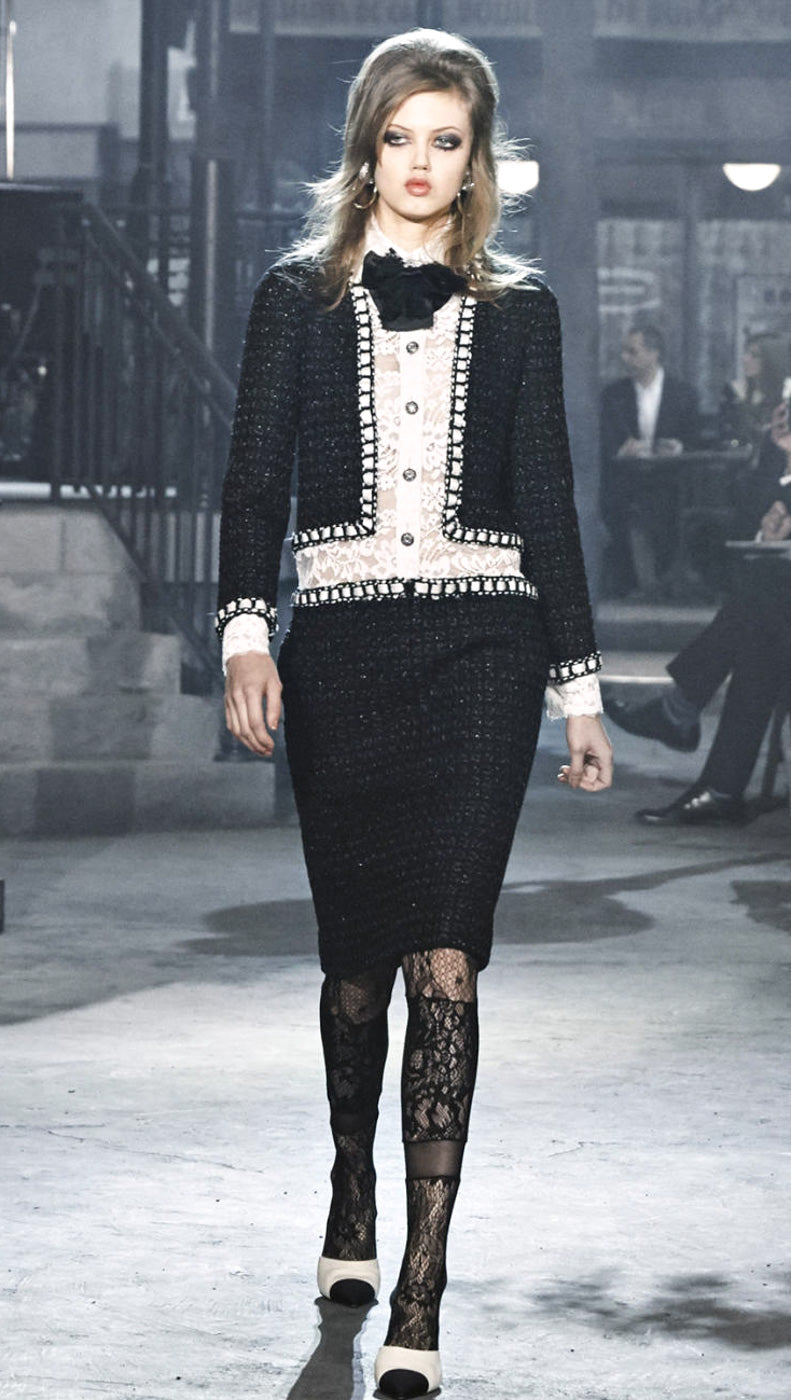 CHANEL 16PF Dark Navy Ivory Fantasy Tweed Lace Dress 34 36 シャネル ダーク ネイビー アイボリー ファンタジー ツイード レース ワンピース 即発