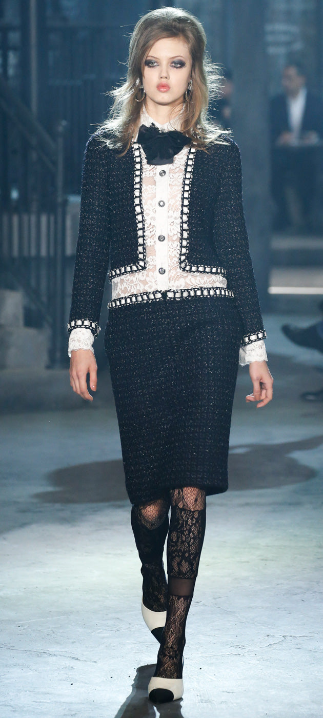 CHANEL 16PF Dark Navy Ivory Fantasy Tweed Lace Dress 34 36 シャネル ダーク ネイビー アイボリー ファンタジー ツイード レース ワンピース 即発