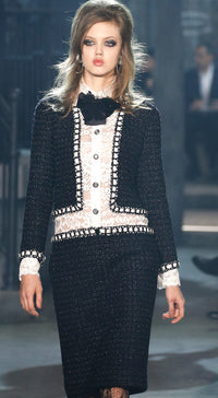 CHANEL 16PF Dark Navy Ivory Fantasy Tweed Lace Dress 34 36 シャネル ダーク ネイビー アイボリー ファンタジー ツイード レース ワンピース 即発