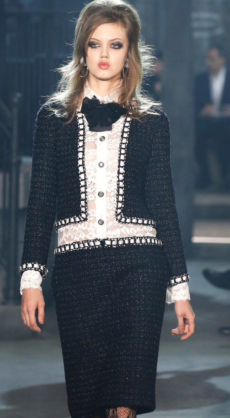 CHANEL 16PF Dark Navy Ivory Fantasy Tweed Lace Dress 34 36 シャネル ダーク ネイビー アイボリー ファンタジー ツイード レース ワンピース 即発