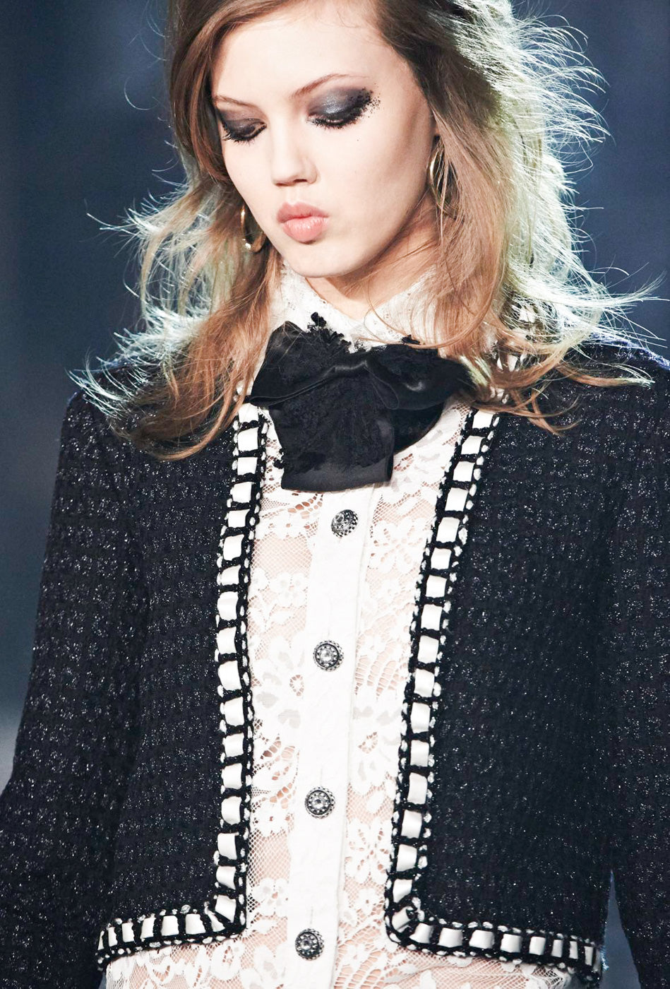 CHANEL 16PF Dark Navy Ivory Fantasy Tweed Lace Dress 34 36 シャネル ダーク ネイビー アイボリー ファンタジー ツイード レース ワンピース 即発