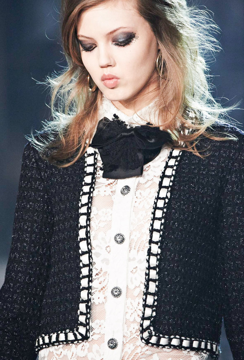 CHANEL 16PF Dark Navy Ivory Fantasy Tweed Lace Dress 34 36 シャネル ダーク ネイビー アイボリー ファンタジー ツイード レース ワンピース 即発