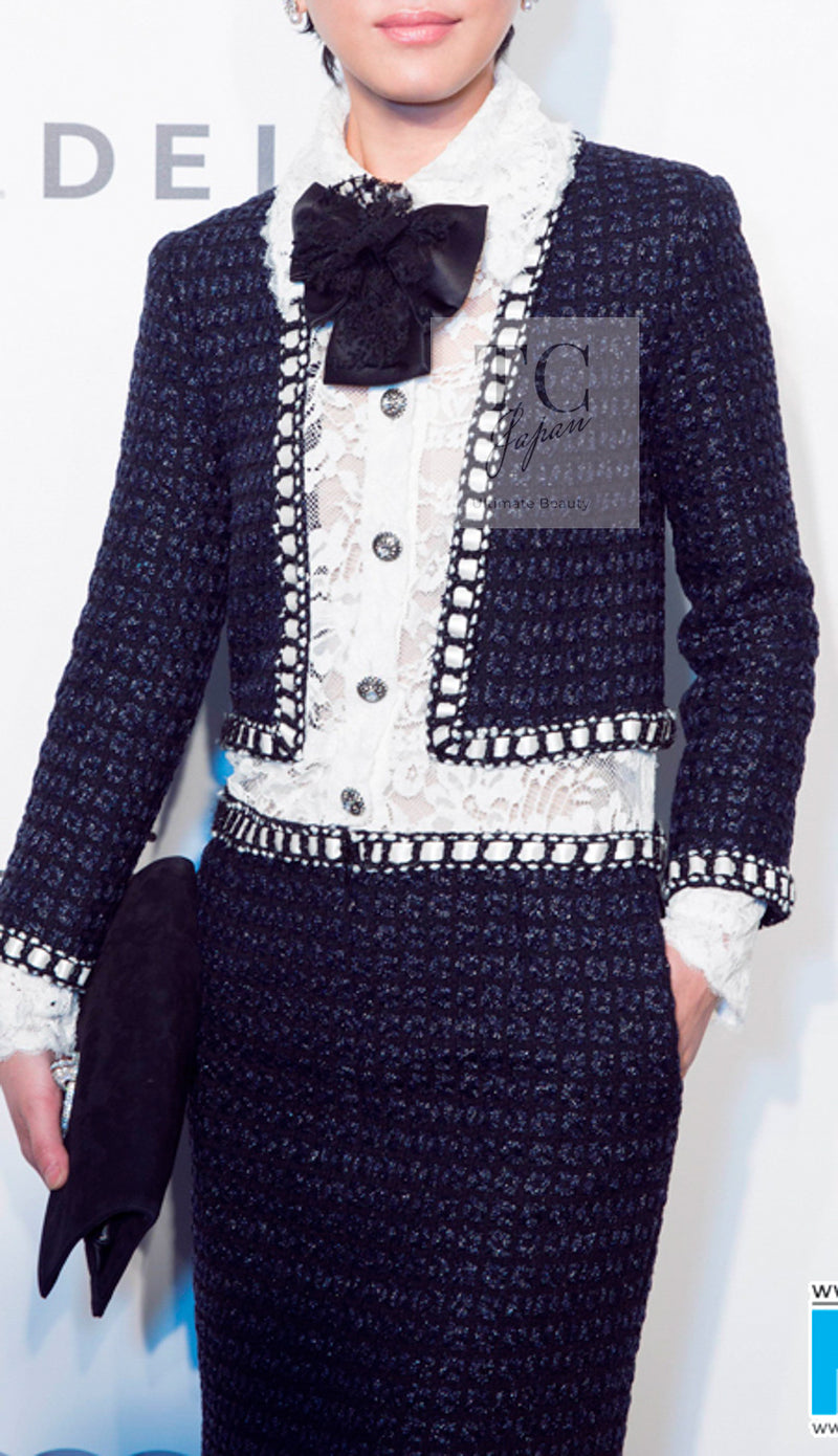 CHANEL 16PF Dark Navy Ivory Fantasy Tweed Lace Dress 34 36 シャネル ダーク ネイビー アイボリー ファンタジー ツイード レース ワンピース 即発