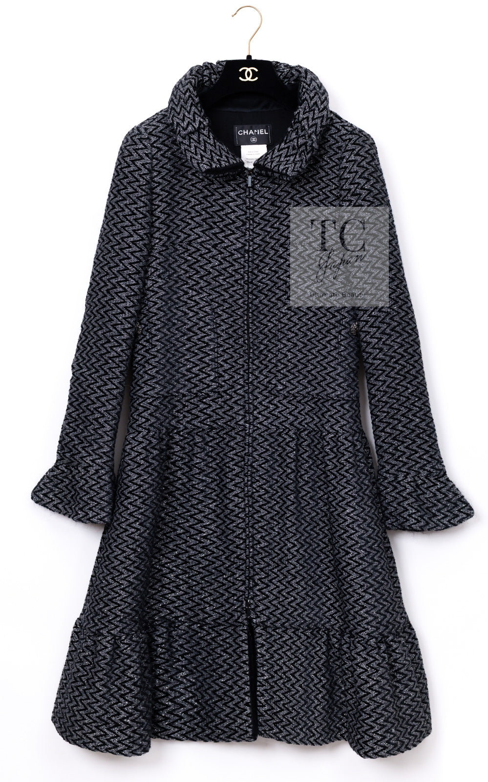 CHANEL 15A Gray Black Metallic Zipper Dress Coat 36 シャネル グレー ブラック メタリック ジッパー ツイード ワンピース コート 即発