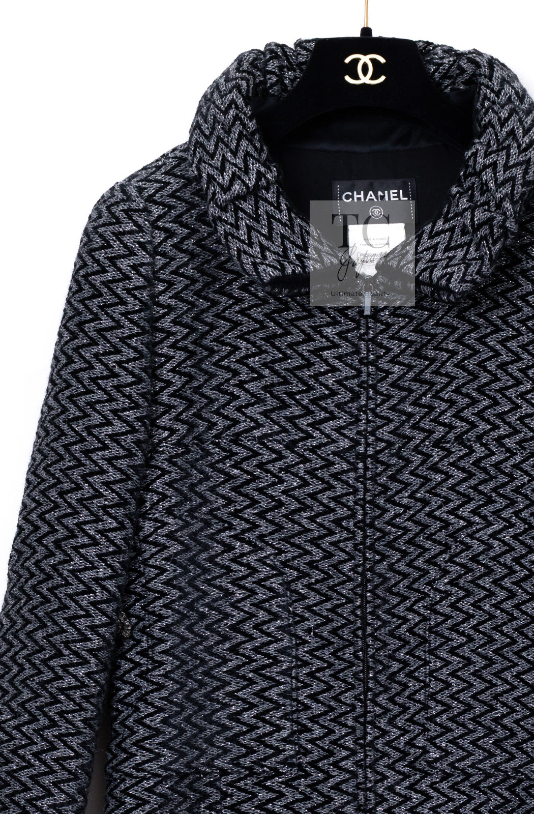 CHANEL 15A Gray Black Metallic Zipper Dress Coat 36 シャネル グレー ブラック メタリック ジッパー ツイード ワンピース コート 即発