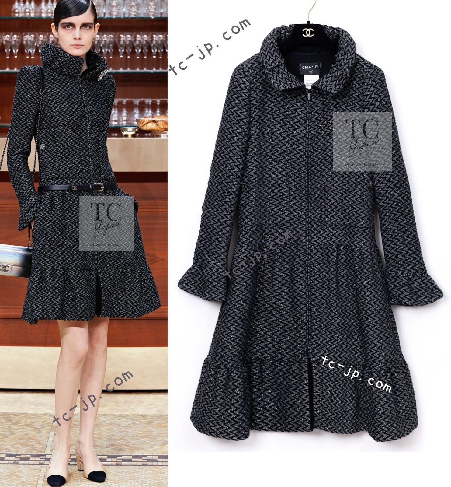 CHANEL 15A Gray Black Metallic Zipper Dress Coat 36 シャネル グレー ブラック メタリック ジッパー ツイード ワンピース コート 即発