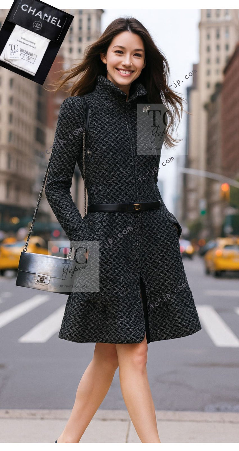 CHANEL 15A Gray Black Metallic Zipper Dress Coat 36 シャネル グレー ブラック メタリック ジッパー ツイード ワンピース コート 即発