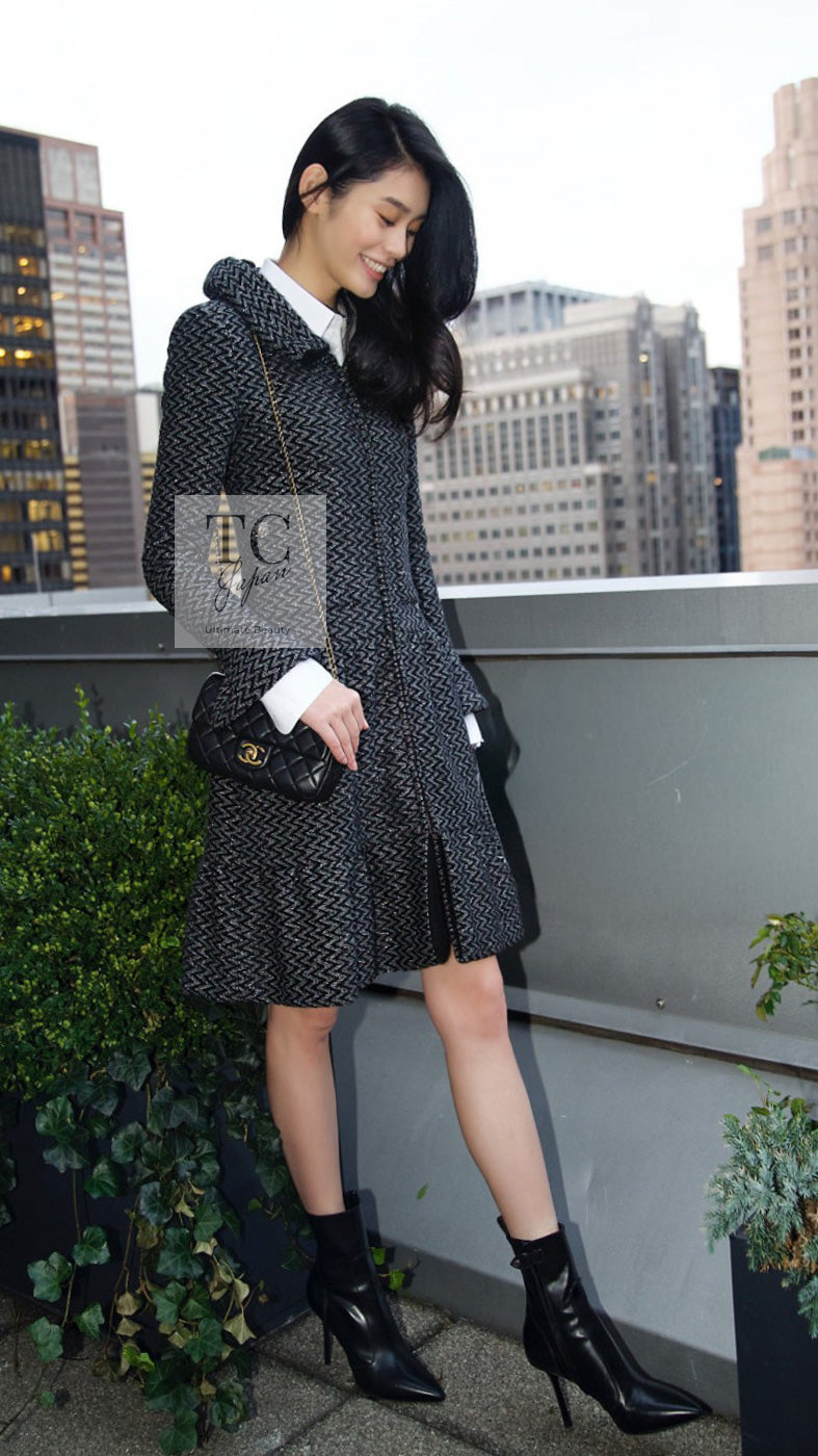 CHANEL 15A Gray Black Metallic Zipper Dress Coat 36 シャネル グレー ブラック メタリック ジッパー ツイード ワンピース コート 即発