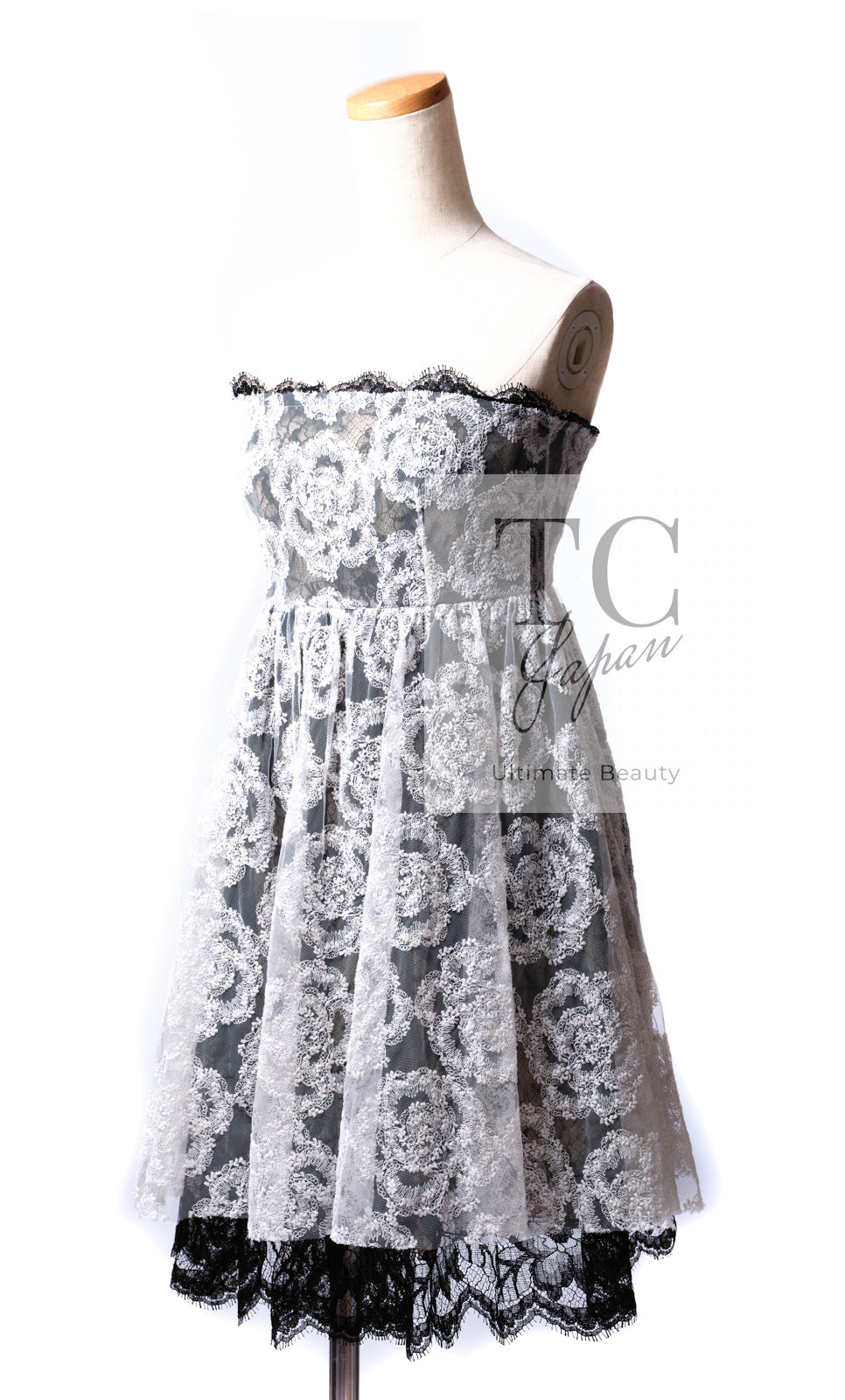 CHANEL 10S Ivory White Camellia Lace Party Strapless Dress 34 シャネル アイボリー ホワイト カメリア レース パーティー ワンピース ドレス 即発