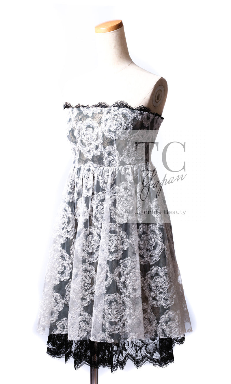 CHANEL 10S Ivory White Camellia Lace Party Strapless Dress 34 シャネル アイボリー ホワイト カメリア レース パーティー ワンピース ドレス 即発