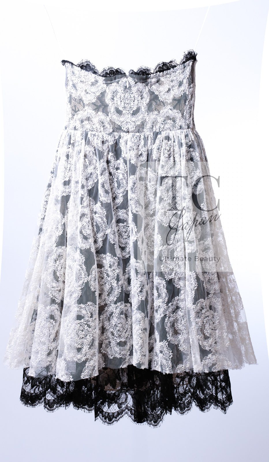 CHANEL 10S Ivory White Camellia Lace Party Strapless Dress 34 シャネル アイボリー ホワイト カメリア レース パーティー ワンピース ドレス 即発