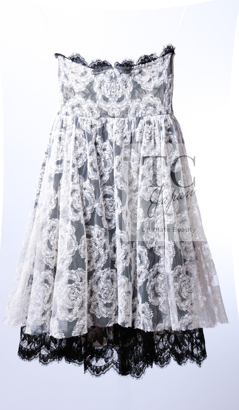 CHANEL 10S Ivory White Camellia Lace Party Strapless Dress 34 シャネル アイボリー ホワイト カメリア レース パーティー ワンピース ドレス 即発