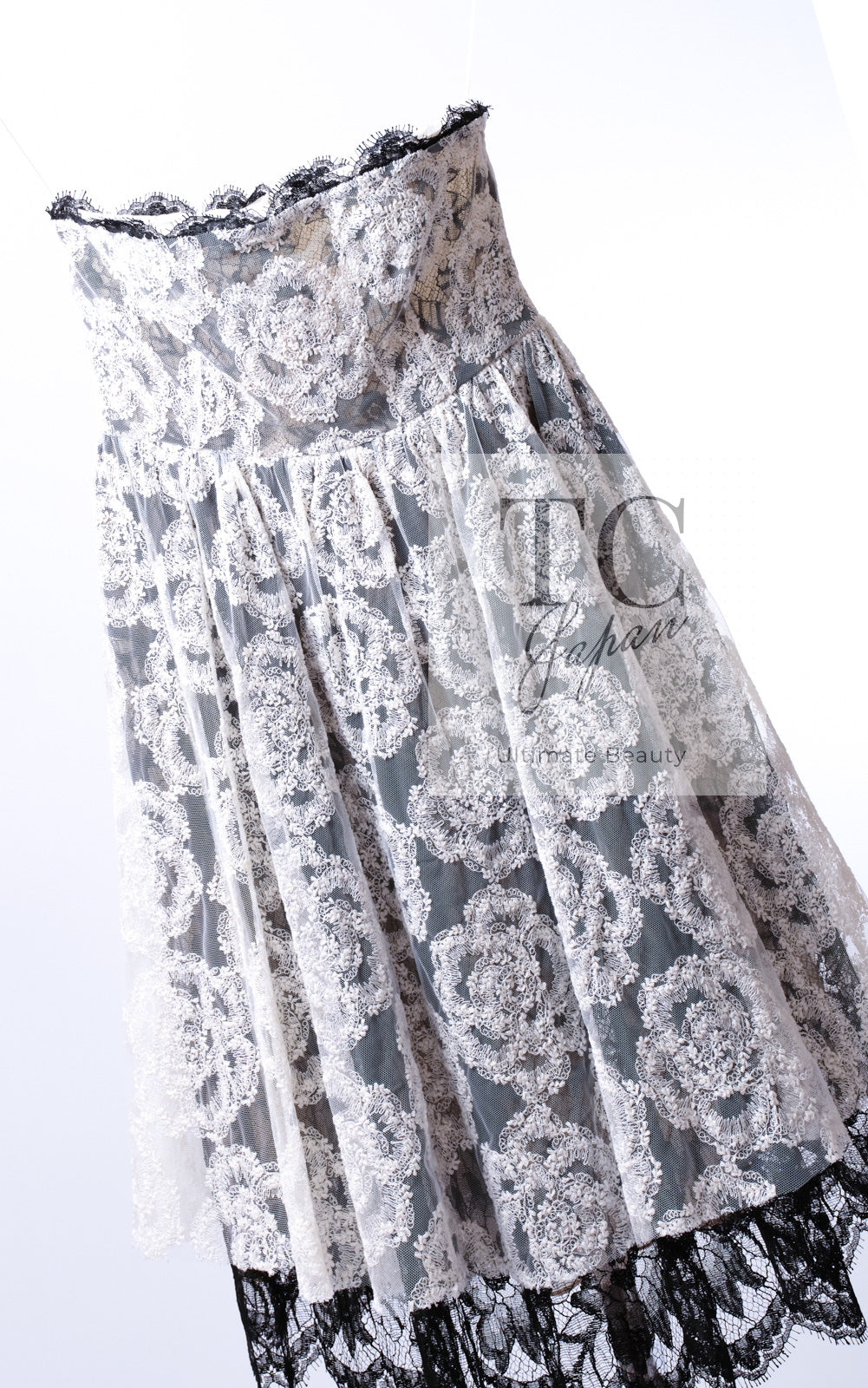 CHANEL 10S Ivory White Camellia Lace Party Strapless Dress 34 シャネル アイボリー ホワイト カメリア レース パーティー ワンピース ドレス 即発
