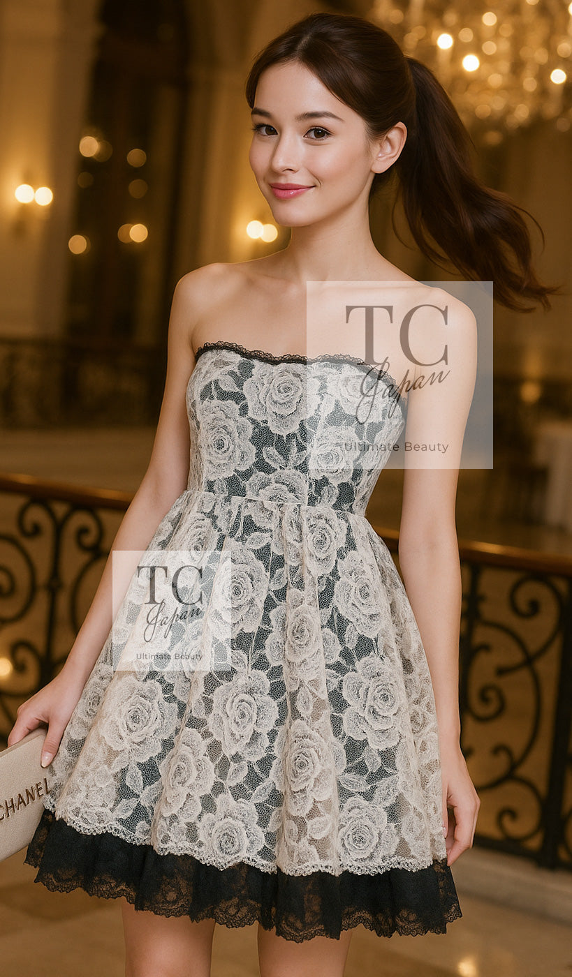 CHANEL 10S Ivory White Camellia Lace Party Strapless Dress 34 シャネル アイボリー ホワイト カメリア レース パーティー ワンピース ドレス 即発