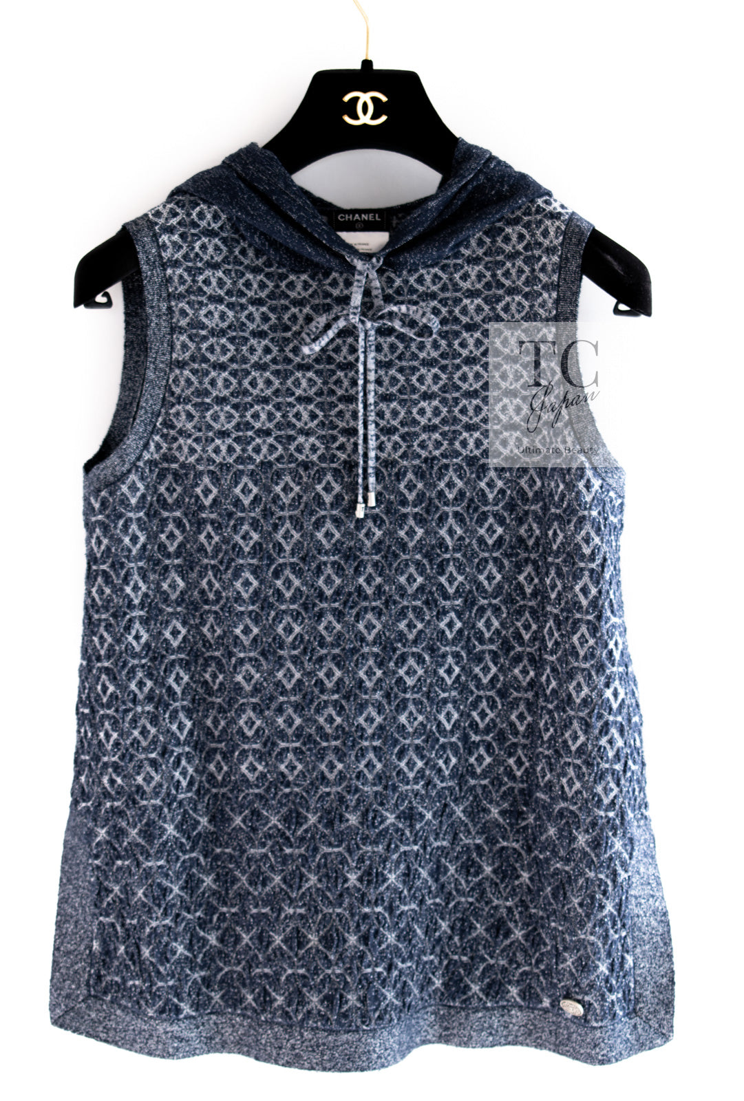CHANEL 15C Navy Blue Metalic Silk Blend Hood Knit Tops 36 38 シャネル ネイビー ブルー ラメ ノースリーブ シルク ニット トップス パーカー 即発